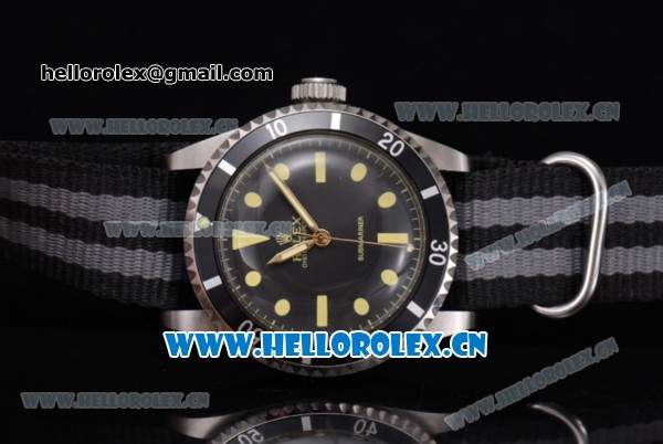 Rolex Submariner Vintage Asia 2813 Automatic Steel Case with Black Dial Black/Grey Nylon Strap and Dot Markers - Click Image to Close